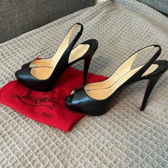 Christian Louboutin Black  Leather  Peep Toe Slingback Sandals 40.5 - Picture 8 of 12